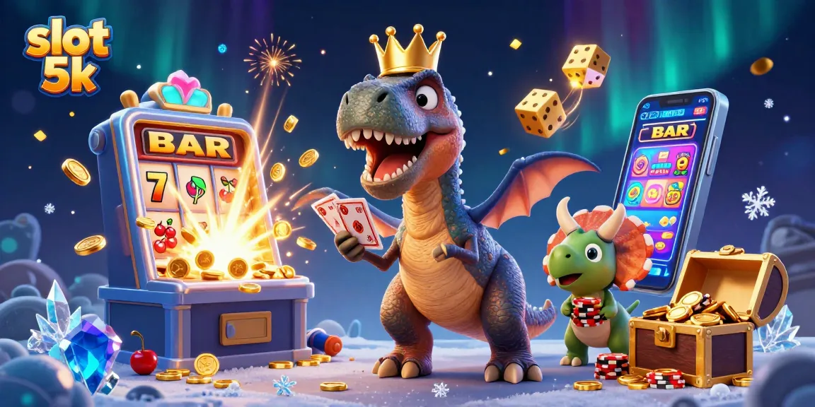 Experience the excitement of slot 5k with a colorful casino illustration featuring dynamic characters and game elements.