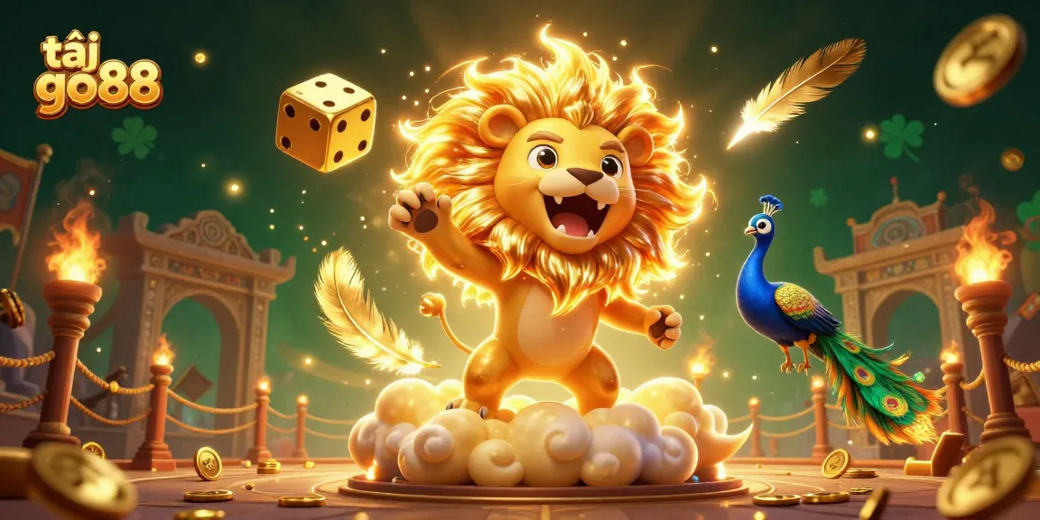 Tải go88 and play exciting casino games with vibrant 3D illustration featuring a lion and golden dice.
