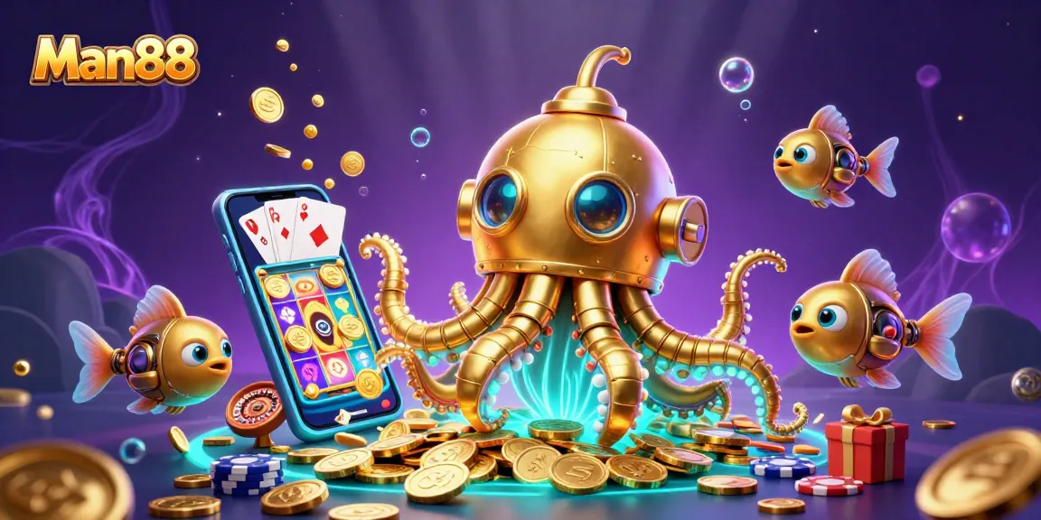Man88 immerses players in excitement with dynamic casino elements in a vibrant underwater scene featuring a golden kraken.