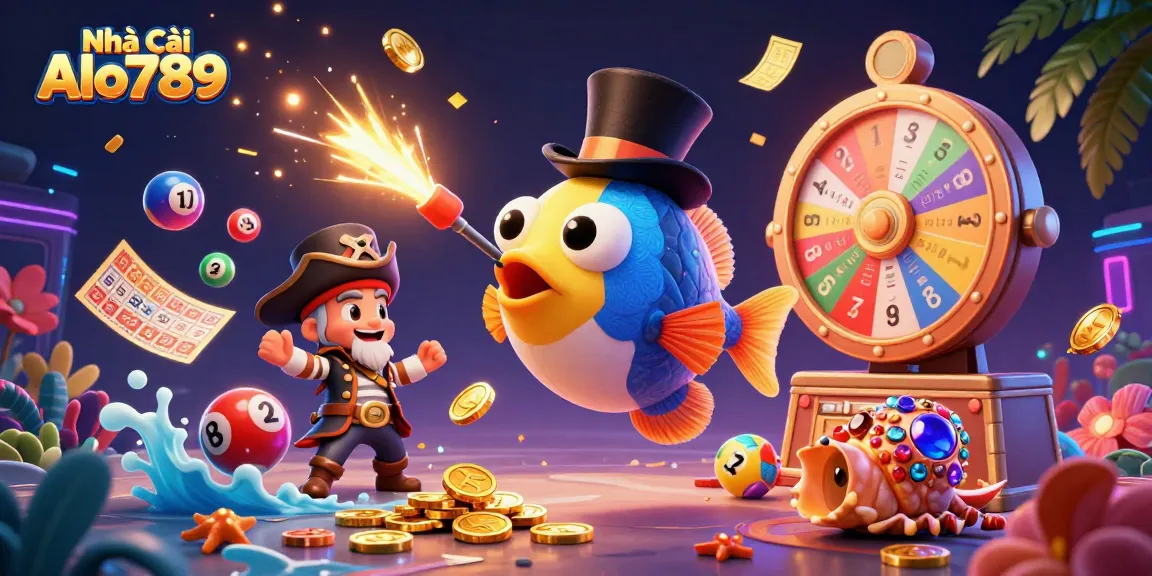 Engage with Nhà Cái Alo789, witnessing vibrant lottery elements and casino excitement in a 3D illustration.