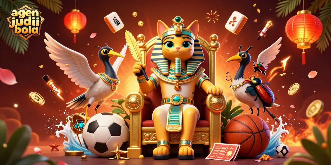A vibrant illustration of agen judi bola with an Egyptian pharaoh cat, sports elements, and intricate details.