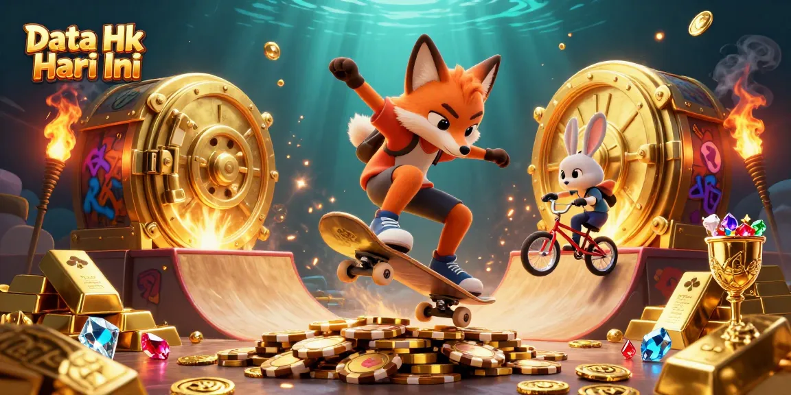 View the vibrant scene of Data Hk Hari Ini with a skateboarder fox and BMX-riding rabbit amidst glowing casino treasures.