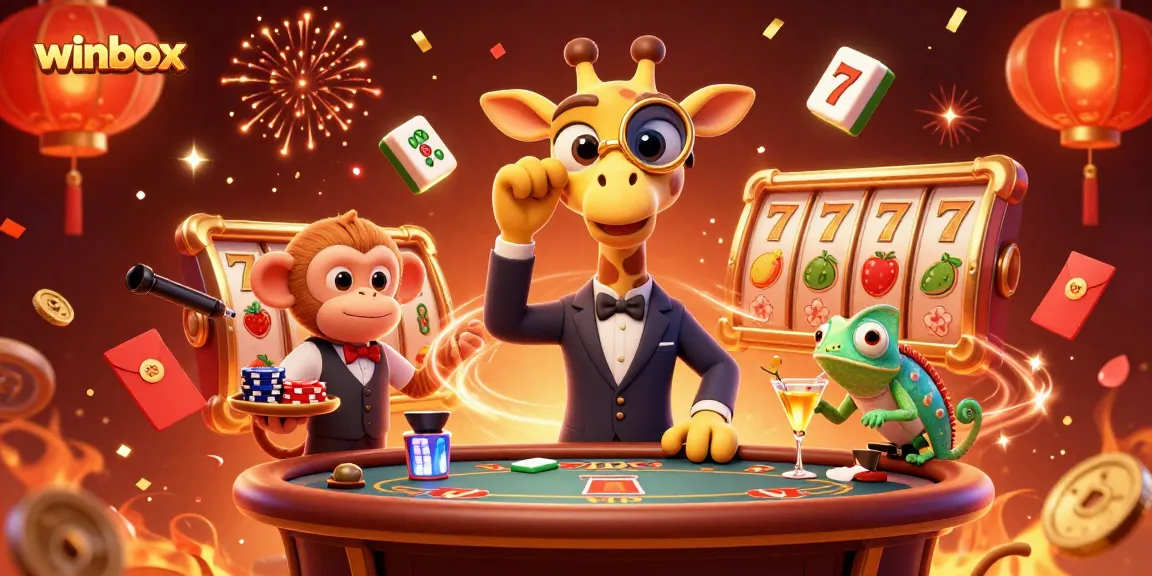 Winbox casino scene featuring a high-roller giraffe at a poker table with slot reels, exuding excitement and charm.