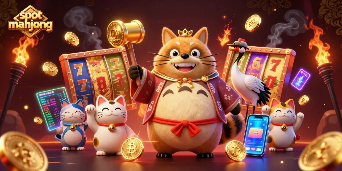Spin the slot mahjong reels with a cheerful tanuki holding a golden mallet amidst vibrant colors.