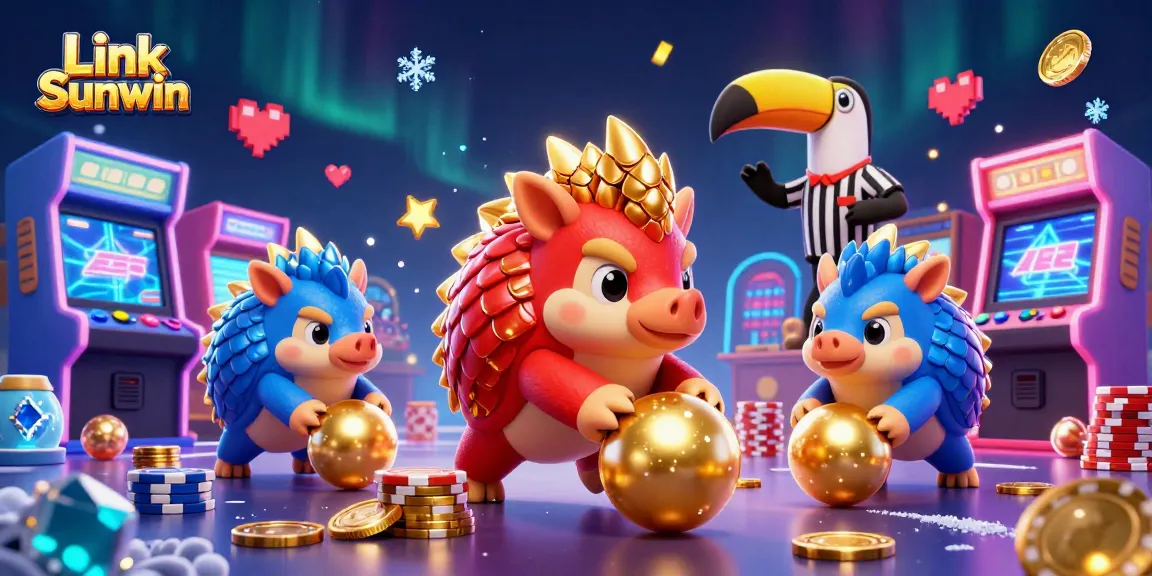 Engage in exciting gameplay with Link Sunwin, featuring rival pangolins, vibrant casino elements, and dynamic 3D illustrations.