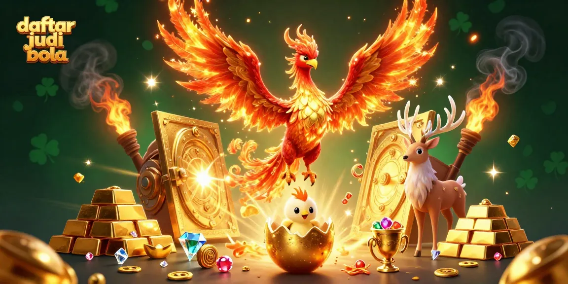 Engage in daftar judi bola betting with a vibrant phoenix scene filled with golden treasures and gems.