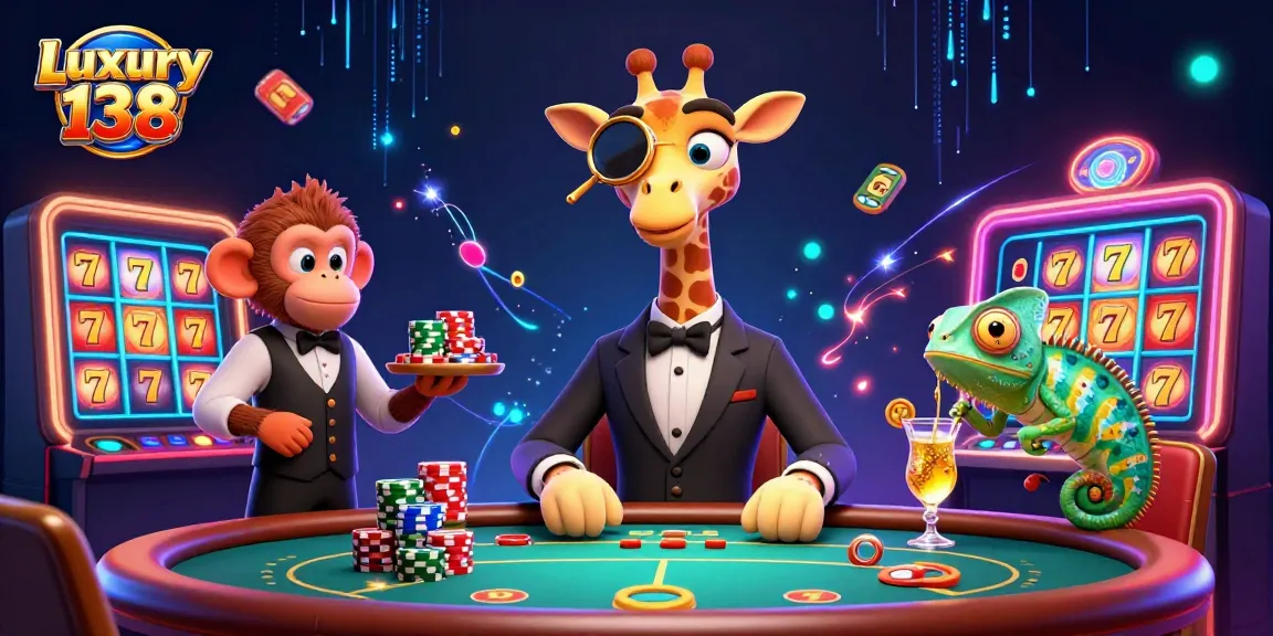 Experience Luxury 138's vibrant casino atmosphere with engaging slot machines and lively characters.