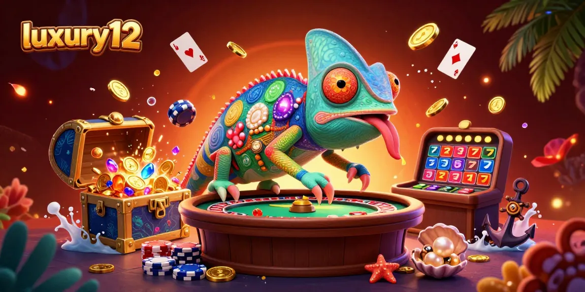Experience luxury12 at a vibrant casino scene with a chameleon owner catching coins and slot symbols.