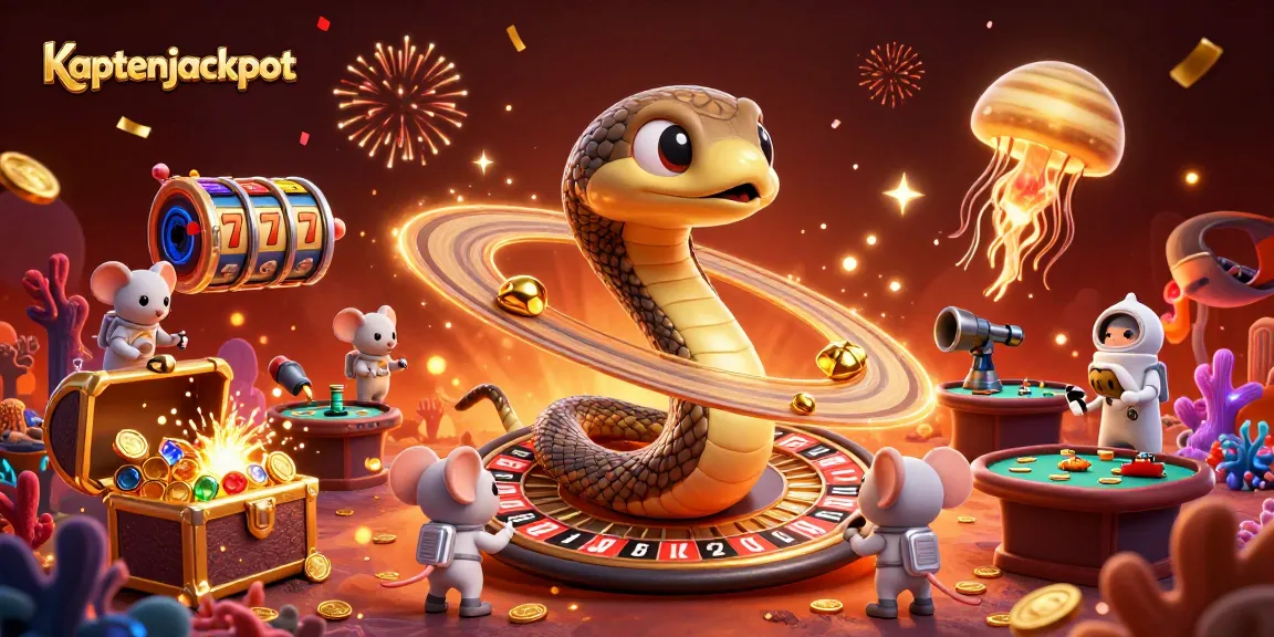 Kaptenjackpot cosmic casino scene with a Saturn ring snake, astronaut mice, and golden jellyfish as dealers.