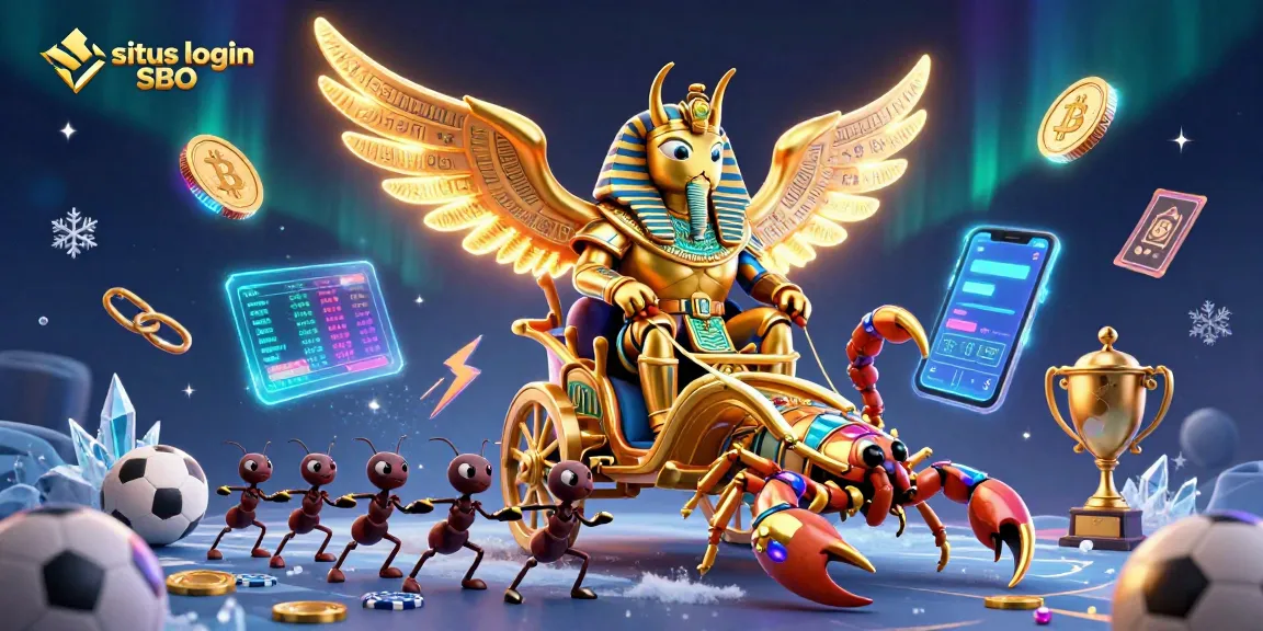 Place bets wisely on situs login SBO, featuring a vibrant scene with a golden scarab and sports elements.