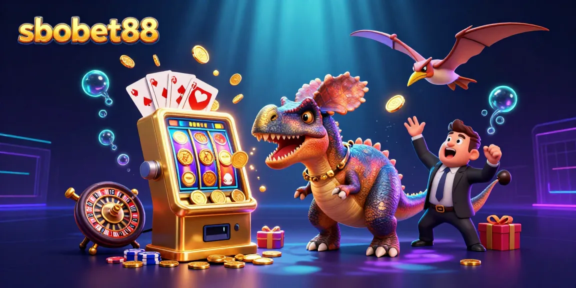Celebrate wins at sbobet88 with dinosaurs and golden jackpots in a vibrant casino scene!