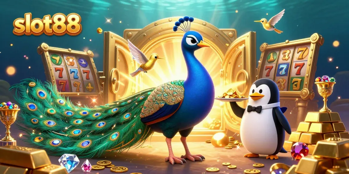 Experience the thrill of slot88 with a vibrant illustration featuring a peacock and golden treasures.