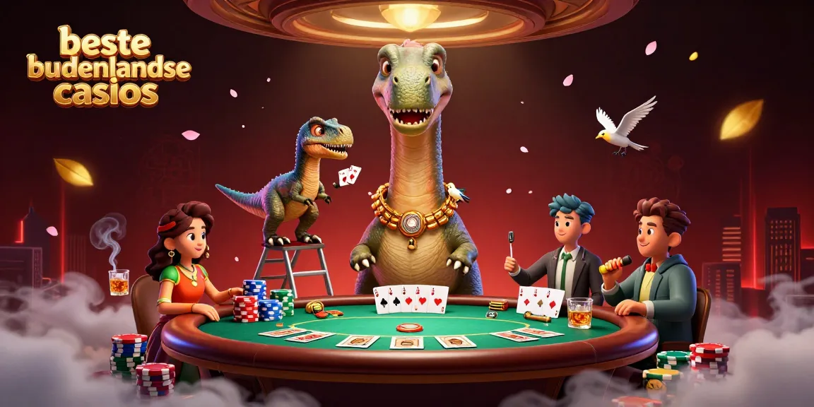 Playing poker at beste buitenlandse casinos with towering dinosaur dealing cards and vibrant chips