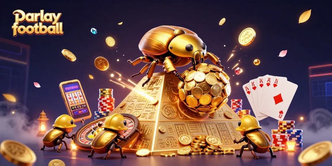 Engage with parlay football betting excitement featuring golden beetles and casino symbols.