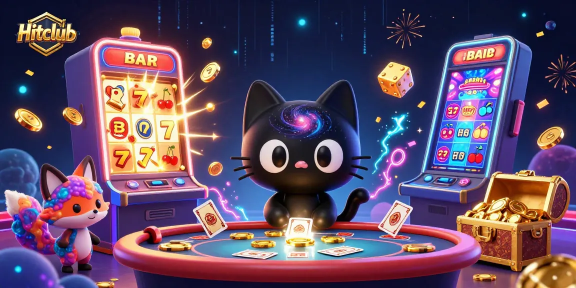 Hitclub thrills players as a cosmic cat pulls in casino chips, surrounded by dynamic gaming elements.