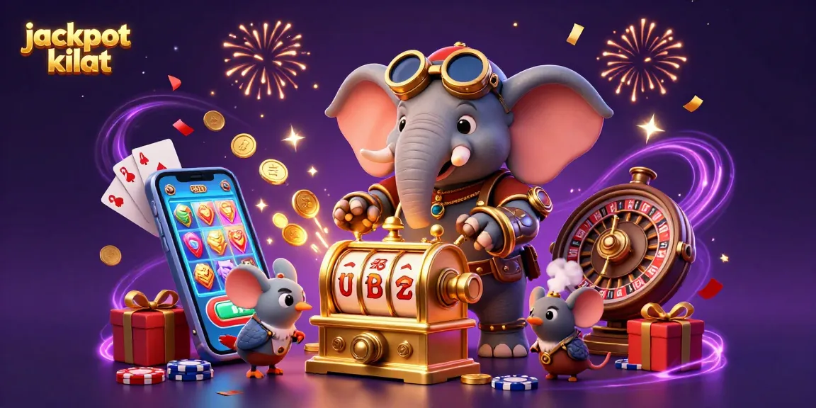 Experience exciting gameplay at jackpot kilat with a vibrant 3D scene featuring a steampunk elephant engineer and thrilling slot machines.
