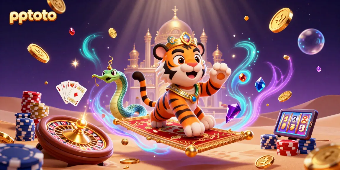 PPTOTO showcases an enchanting Arabian-themed scene with vibrant gambling elements, sparking excitement.
