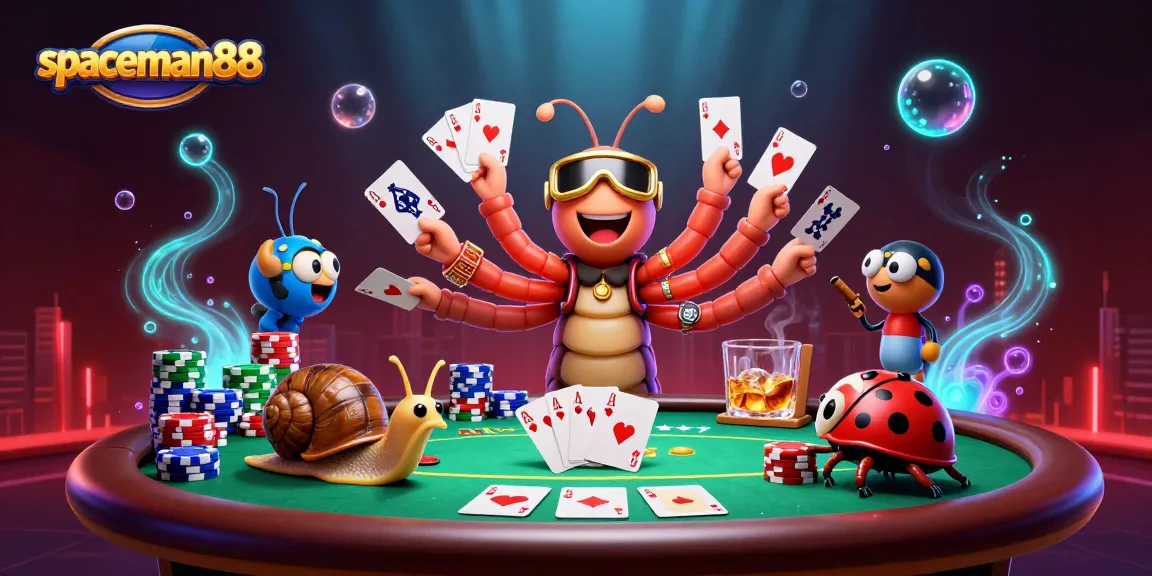 spaceman88 elevates the excitement with a vibrant 3D cartoon casino scene featuring a dynamic poker table.