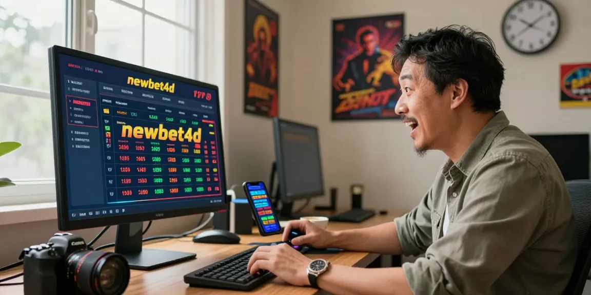 Enthusiastic bettor engaged with newbet4d platform, lively interface visible on the computer screen.