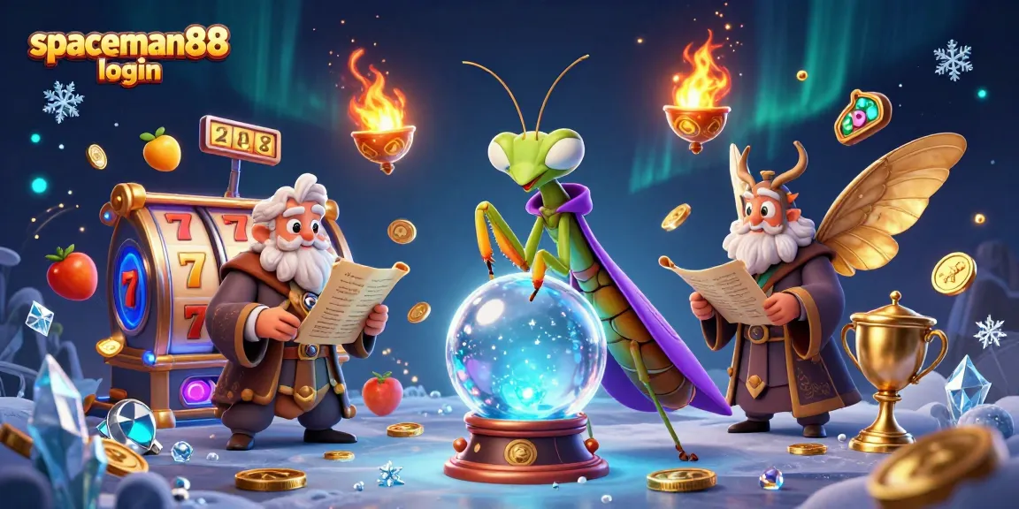 Engage with spaceman88 login for a thrilling gaming experience featuring slot reels, mystical characters, and casino elements.