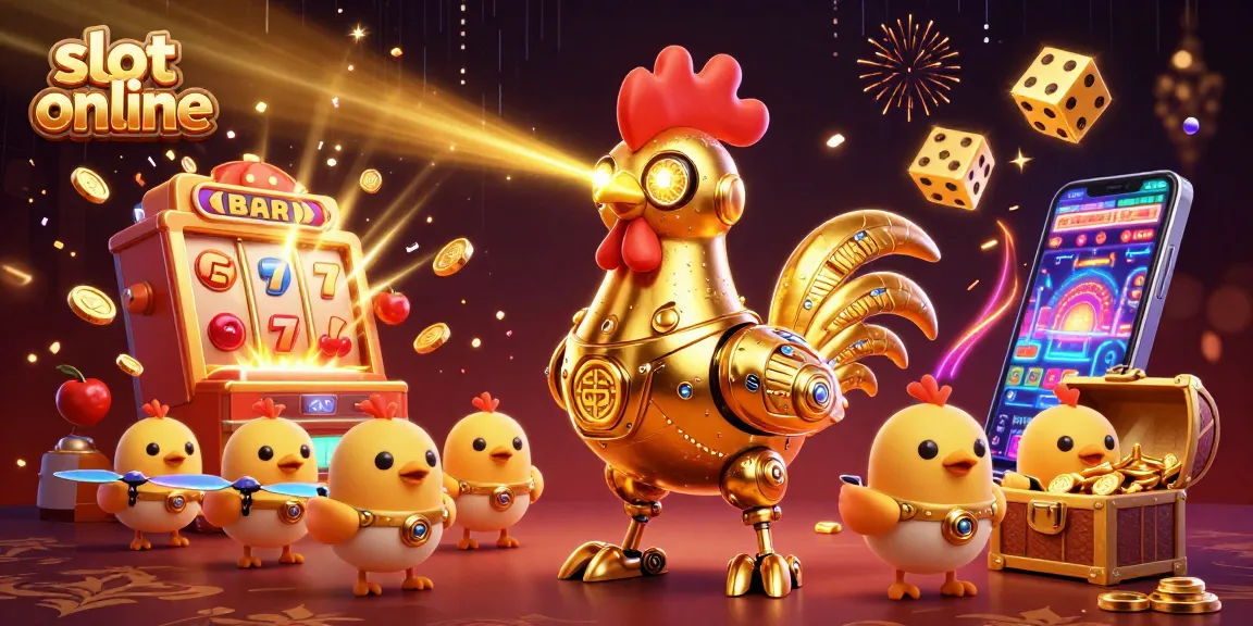 Engage in exciting slot online adventures with a futuristic rooster robot amidst a jackpot explosion.