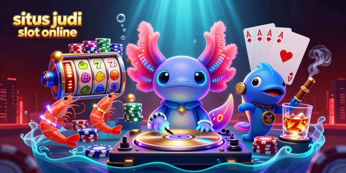 Visualisasi dinamis situs judi slot online dengan karakter kartun neon, simbol jackpot, dan suasana bercahaya.