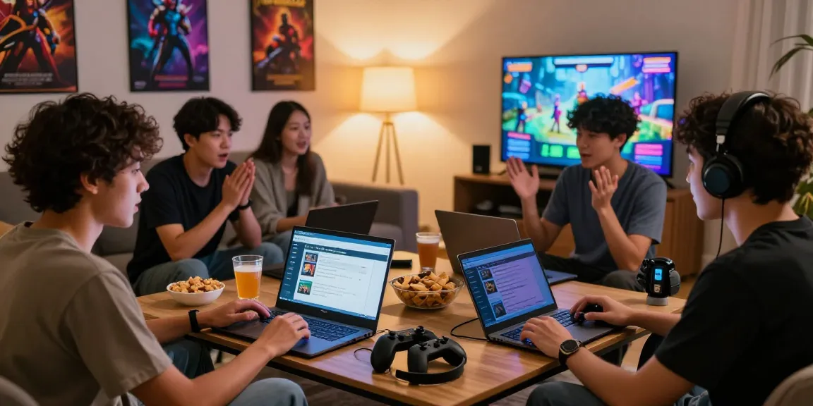 Engaging scene of young adults discussing raja328 daftar in a lively gaming atmosphere.