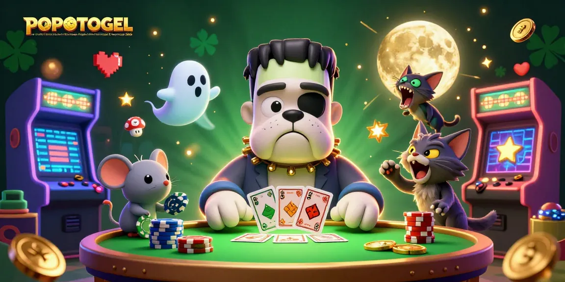 Explore POPOTOGEL | Distribusi Diskon Produk Agen Togel Online Terlengkap & Terpercaya 2026 as a playful Frankenstein bulldog deals cards with a ghost mouse at the casino.