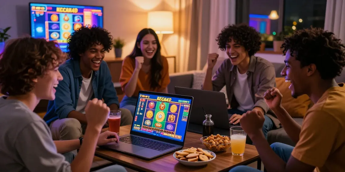 Friends enjoying a lively gaming session on KECAK4D, celebrating a jackpot win in a cozy living room setting