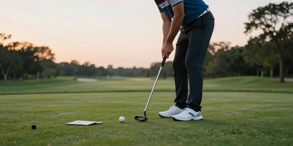 Latihan putt dengan putter berkualitas tinggi di https://puttperfection.com/putter-reviews saat matahari terbenam, suasana tenang dan fokus.