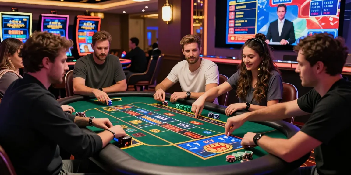 Exciting online casinos Australia scene with diverse players engaging in interactive gaming experience at high-tech gaming table.
